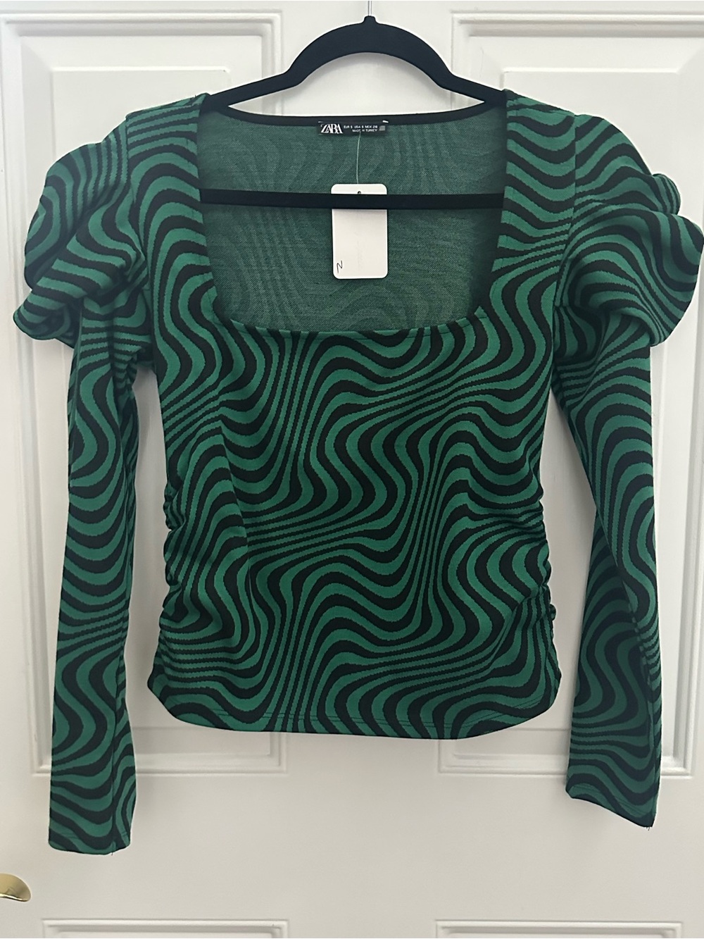 Zara Green and Black Wave-Print Puff-Sleeve Top size S - Picture 6 of 11